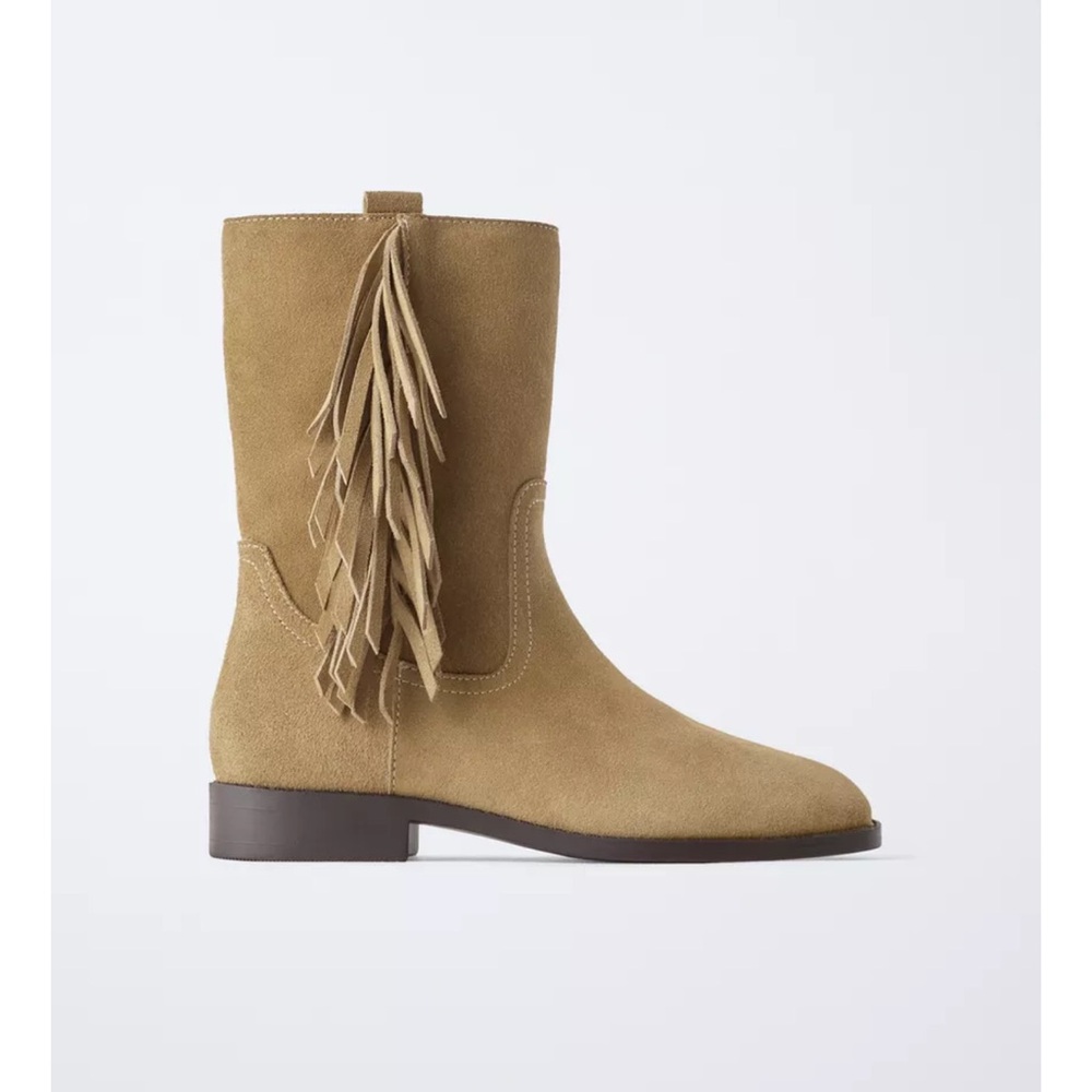 Zara Camel Suede Ankle Boots with Fringe
